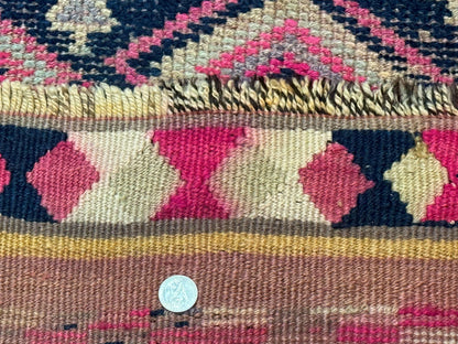 Turkish Runner Rug 3x10, Pink and Navy Blue, Bohemian Runner for Hallway or Kitchen, Vintage, Geometric, Tribal