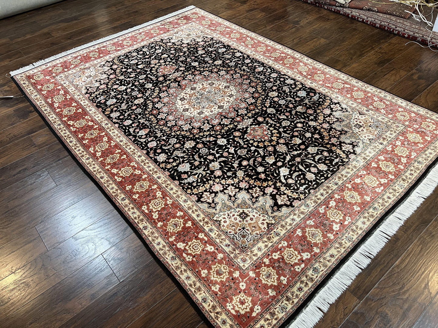 Marvelous Persian Tabriz Rug 7x10 ft, Super Fine 50 Raj, 300+ KPSI, Black and Rust Red, Floral Medallion Handmade Wool Oriental Carpet, Top Quality