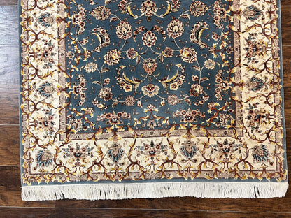 Sino Persian Rug 4x6, Very Fine Oriental Carpet, Handmade Rug 4 x 6, Floral Allover Vintage Traditional Wool & Silk Highlights, 200 KPSI