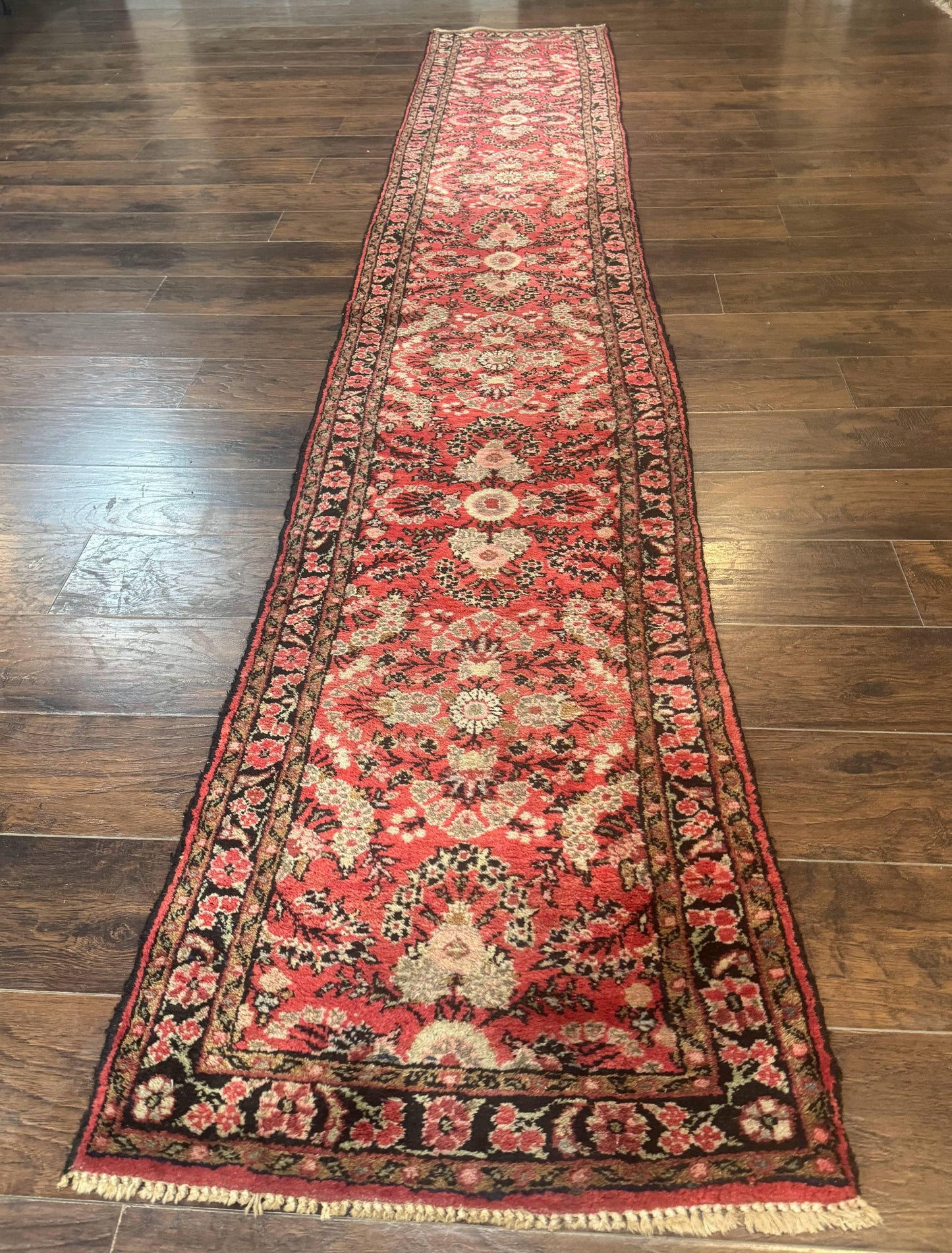Persian Hamadan Runner Rug 2 x 13.6 – Red Floral Wool Hallway Carpet