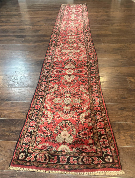 Persian Hamadan Runner Rug 2 x 13.6 – Red Floral Wool Hallway Carpet