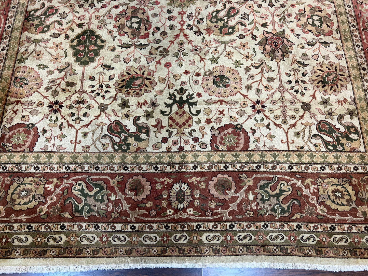 Large Indian Rug 10x14, Hand Knotted Indo Persian Gandehar Oriental Carpet, Vintage Wool Rug 10 x 14 ft Cream Red Floral Allover Traditional