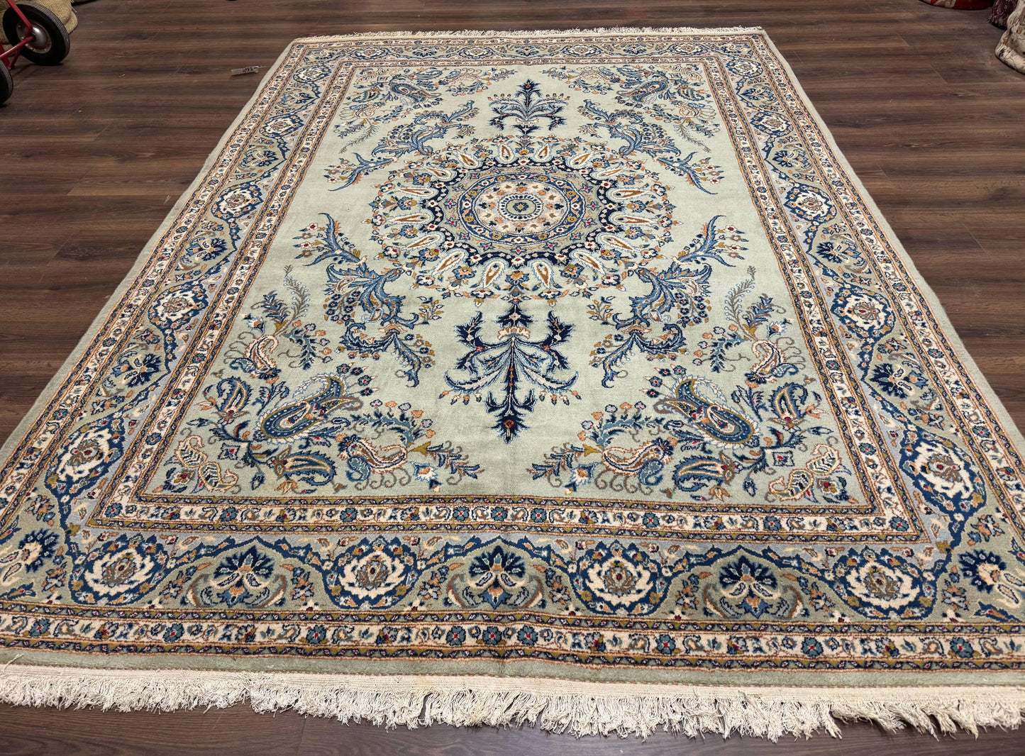 Persian Kashan Rug 7x10 Handmade Wool Light Green Blue Vintage Carpet