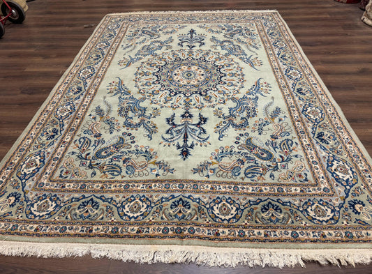 Persian Kashan Rug 7x10 Handmade Wool Light Green Blue Vintage Carpet