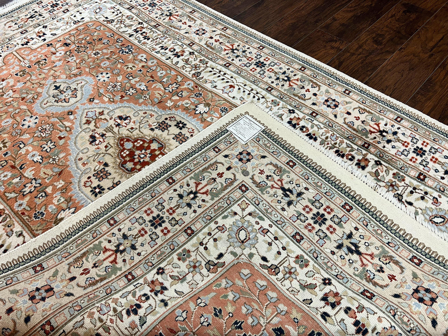 Indo Persian Rug 6x9, Wool Hand Knotted Vintage Carpet, Salmon & Ivory, Traditional Oriental Rug 6 x 9