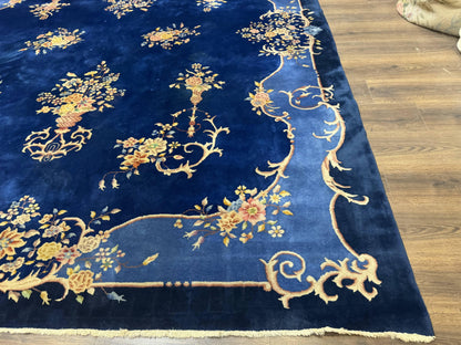 Blue Chinese Art Deco Rug 9x12 Hand Knotted Wool Vintage Rug