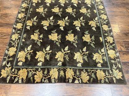 Tibetan Nepal Rug 6x9, Wool Hand Knotted Vintage Carpet 6 x 9, Dark Green & Golden Yellow, Floral Bouquets
