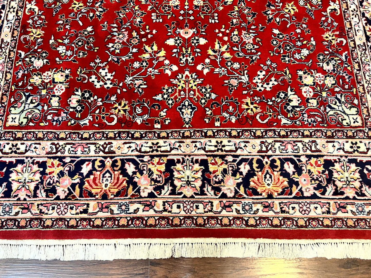 Indo Persian Sarouk Rug 8x10, Red, Floral Allover, Handmade Vintage Wool Carpet, Traditional Rug