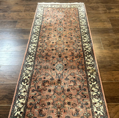 Indo Persian Runner Rug 2.6 x 10, Coral and Cream, Hand Knotted 10ft Wool Oriental Runner for Hallway or Kitchen