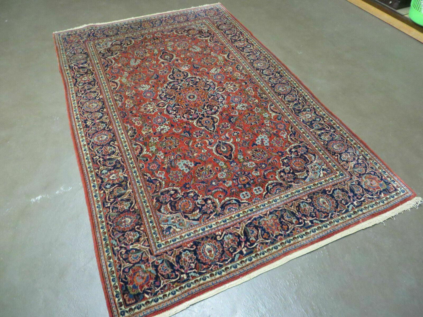 Persian Kashan Rug 4x7, Red and Navy Blue Semi Antique Vintage Wool Oriental Carpet, Hand Knotted Rug, Floral Medallion, High Quality Fine Carpet