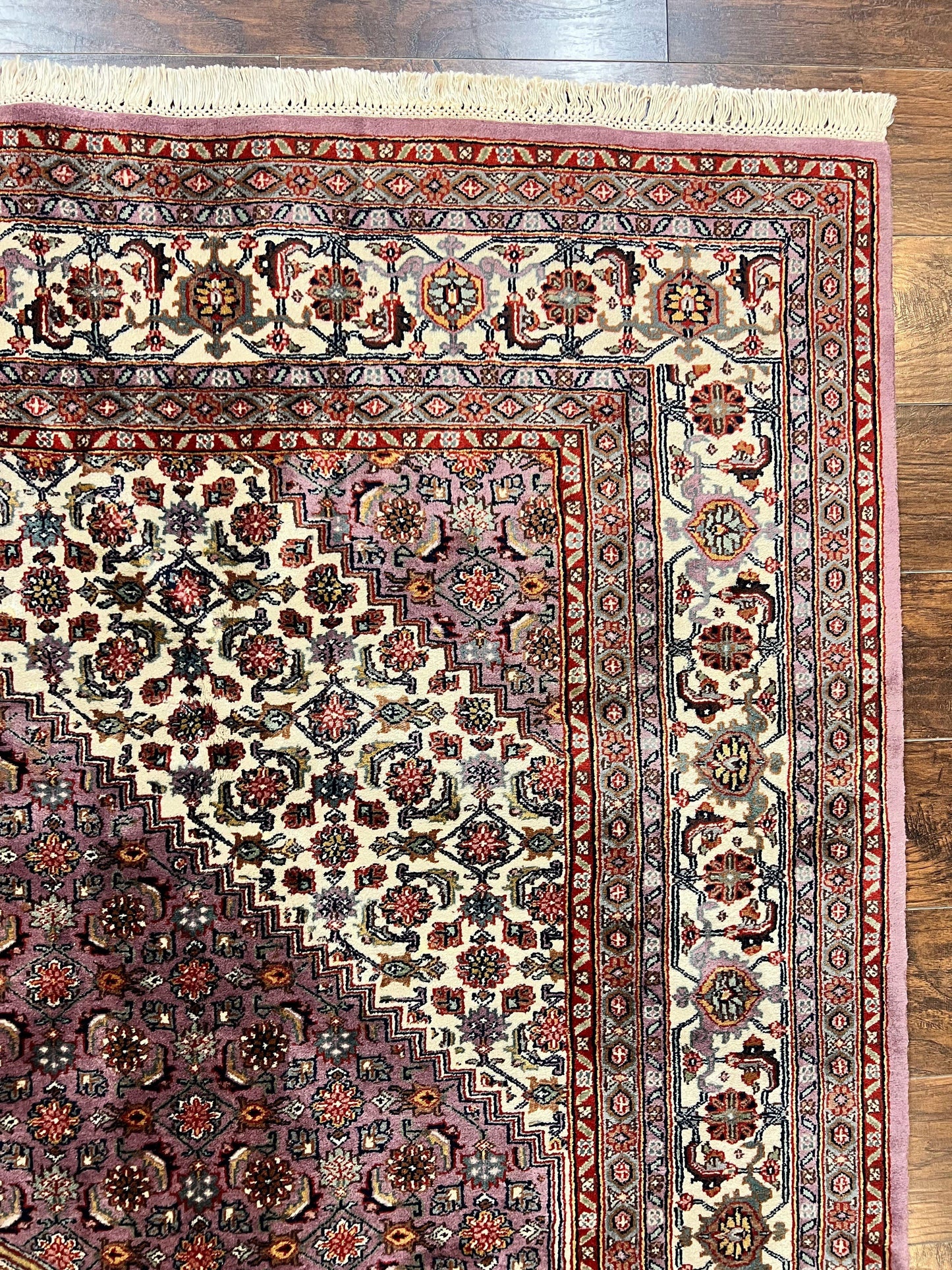 Indo Persian Bidjar Rug 8x10, Purple and Ivory Hand Knotted Wool Vintage Oriental Carpet, Herati Mahi Pattern, 8 x 10 Traditional Fine Rug