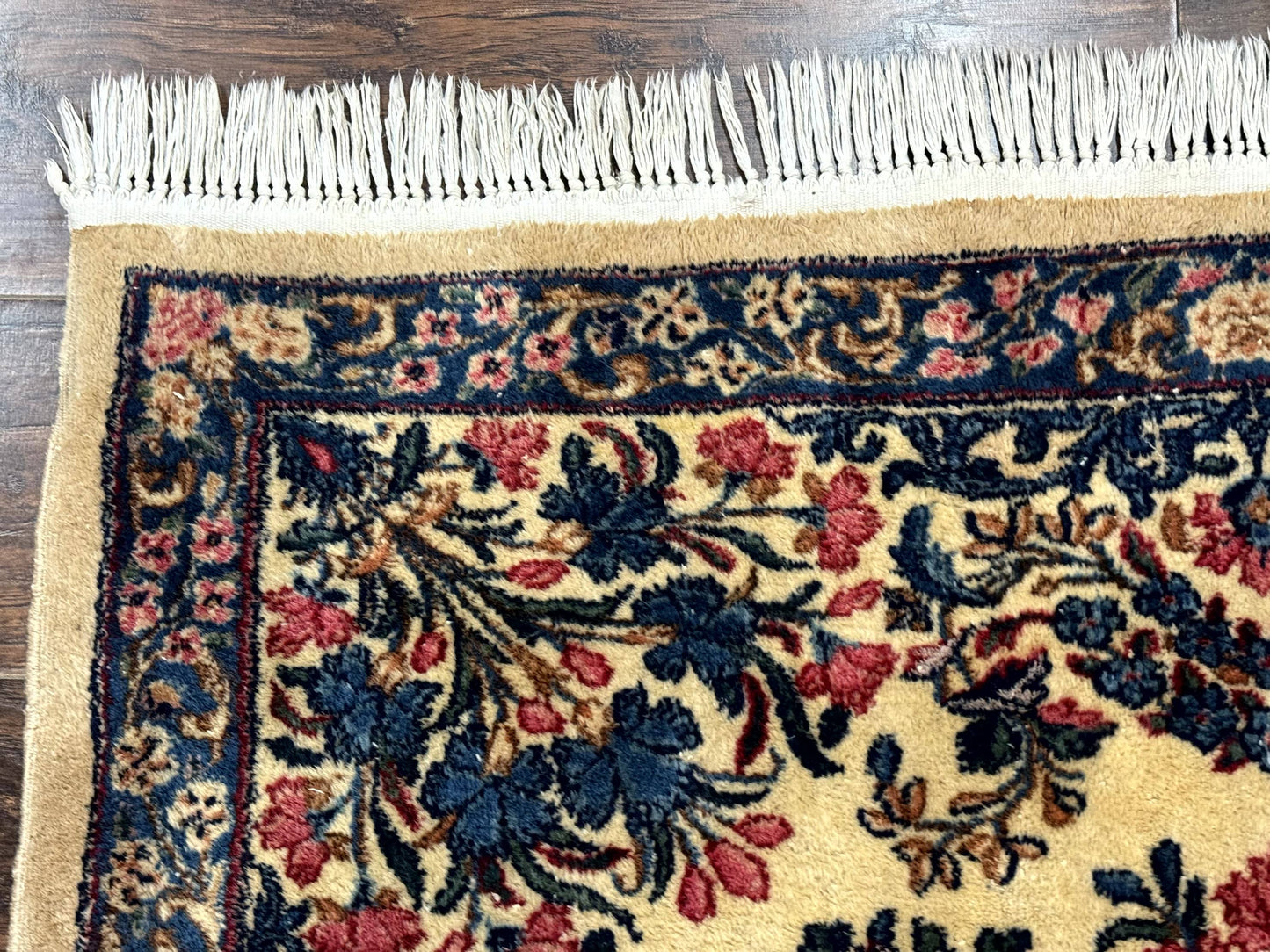 Persian Kerman Rug 4x4 Square Ivory Blue Pink Handmade 225 KPSI