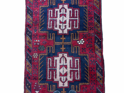 Balouchi Wool Rug Vintage Handmade Afghan Tribal Red Beige 2 Ft 9 In By 4 Ft 7 In