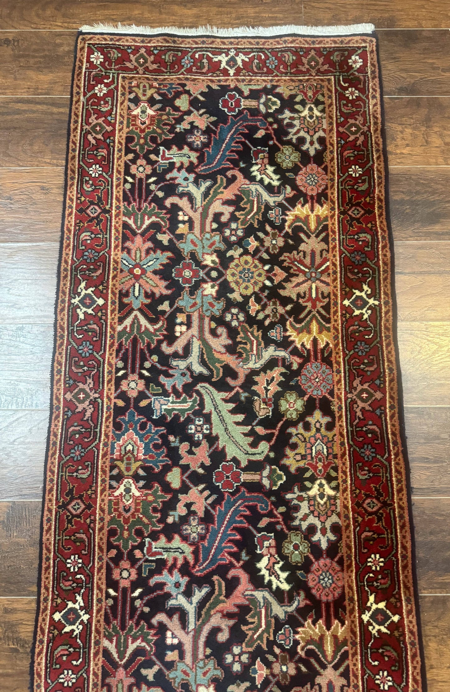 Indo Persian Runner Rug 2.7 x 13, Navy Blue and Red, Allover Floral, Wool, 13ft Runner