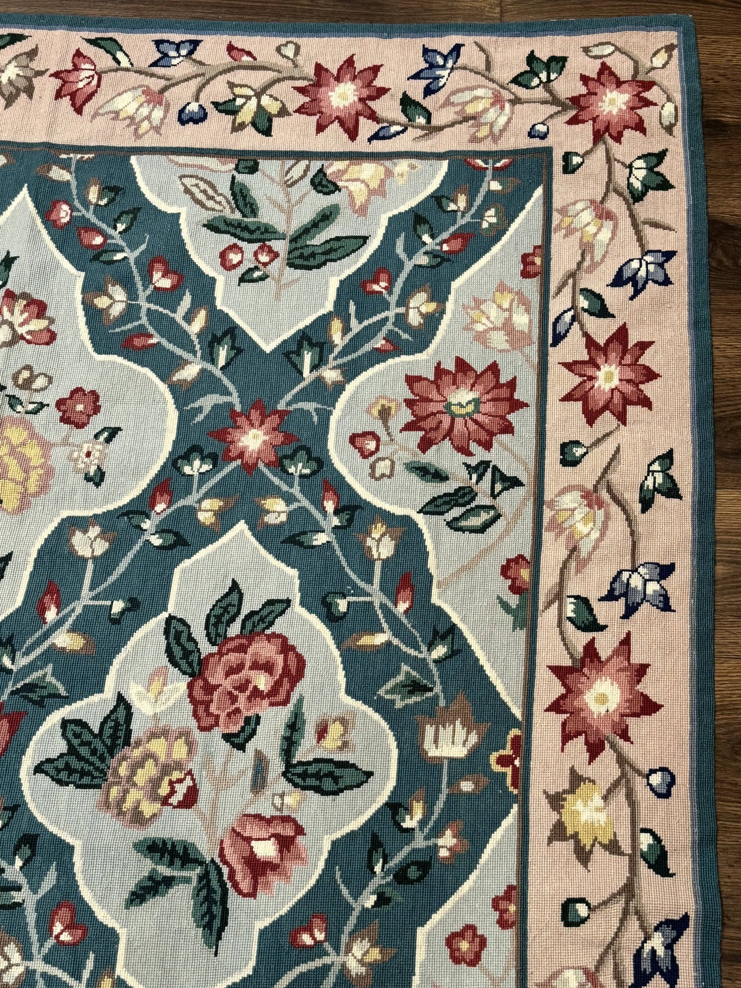 Teal Needlepoint Rug 6x9, Panel Design, Floral Bouquets, Handmade