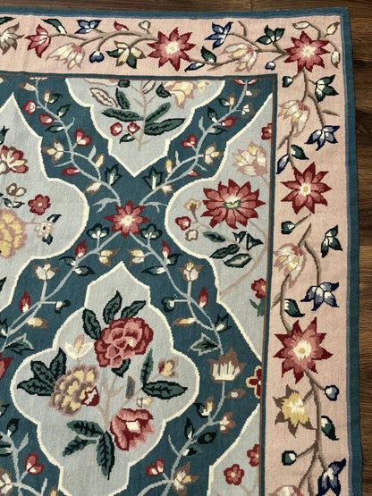Teal Needlepoint Rug 6x9, Panel Design, Floral Bouquets, Handmade