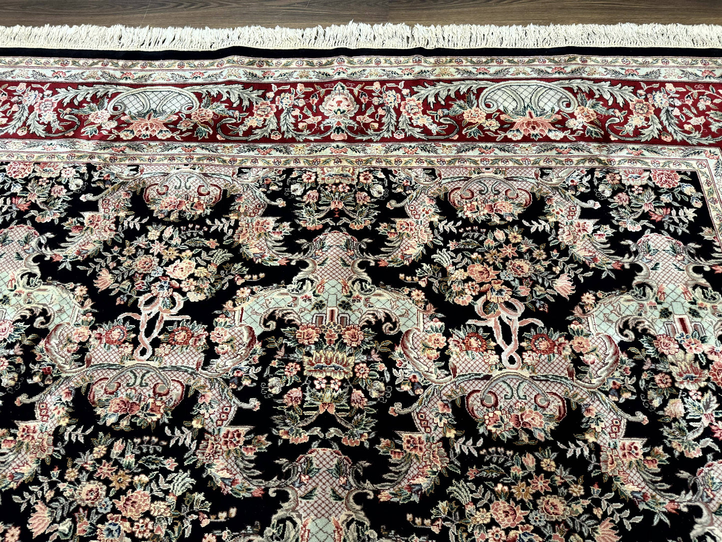 Sino Persian Rug 9x12 Black Floral Bouquets Vintage Hand Knotted Wool Silk