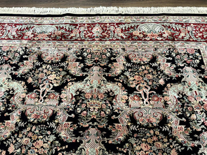 Sino Persian Rug 9x12 Black Floral Bouquets Vintage Hand Knotted Wool Silk
