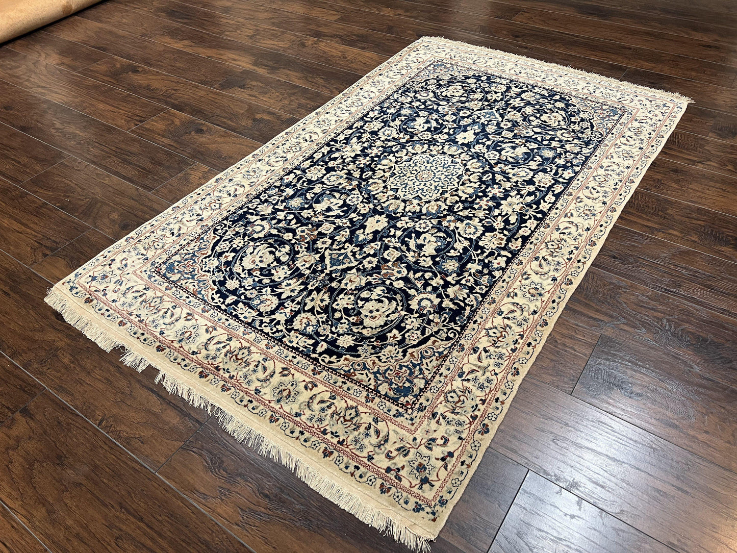 Persian Nain Rug Hand Knotted Wool and Silk Accents With Floral Medallion Navy Blue Ivory Cream