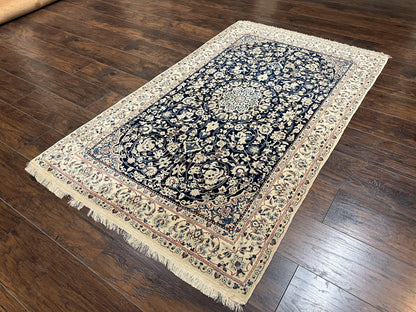 Persian Nain Rug Hand Knotted Wool and Silk Accents With Floral Medallion Navy Blue Ivory Cream