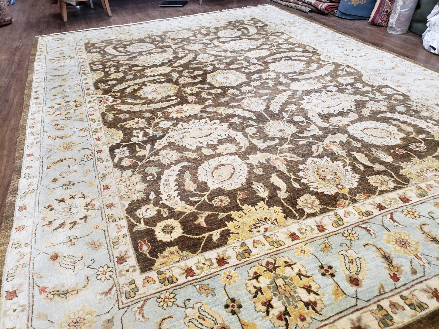 Oushak Wool Rug Indo Mahal Vintage Hand Knotted 8 Ft 8 In By 12 Ft Floral Brown And Blue