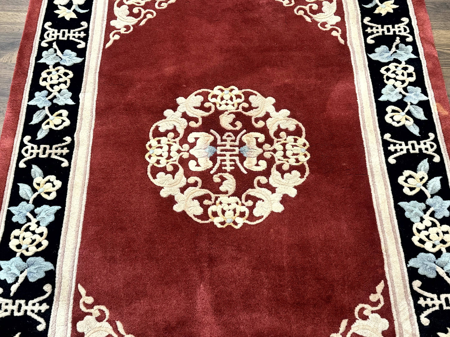Chinese Wool Rug Handmade 4x6 Dark Red 90 Line Carving Hand Knotted