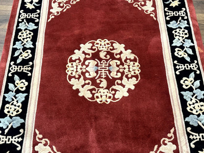 Chinese Wool Rug Handmade 4x6 Dark Red 90 Line Carving Hand Knotted