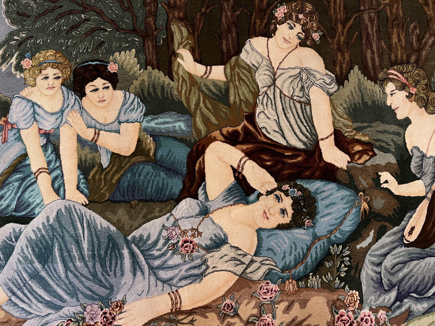 Persian Tabriz Pictorial Rug 5x3, Women Laying By River, Super Fine 60 Raj 480+ KPSI, Hand Knotted Wool Rug, Semi Antique Vintage Oriental Carpet