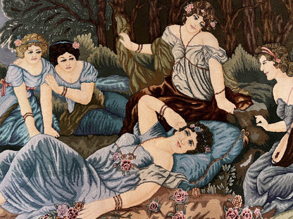 Persian Tabriz Pictorial Rug 5x3, Women Laying By River, Super Fine 60 Raj 480+ KPSI, Hand Knotted Wool Rug, Semi Antique Vintage Oriental Carpet