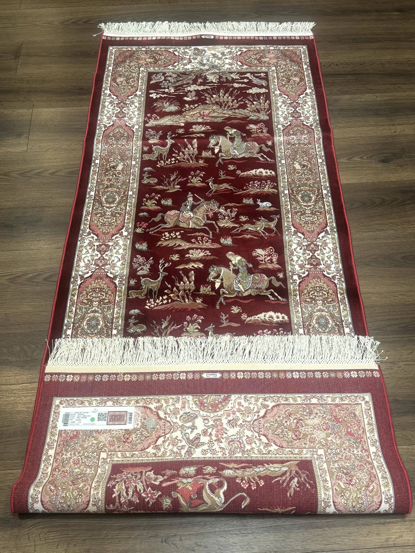 Turkish Silk Rug 2.6 x 6.7, Hunting Design, Short Runner Rug, Red & Ivory, Bamboo Silk, New