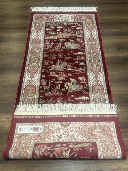Turkish Silk Rug 2.6 x 6.7, Hunting Design, Short Runner Rug, Red & Ivory, Bamboo Silk, New