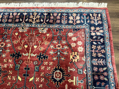 Indo Persian Heriz Serapi Rug 6x8 Handmade Wool Allover Pattern In Rust Red And Navy Blue
