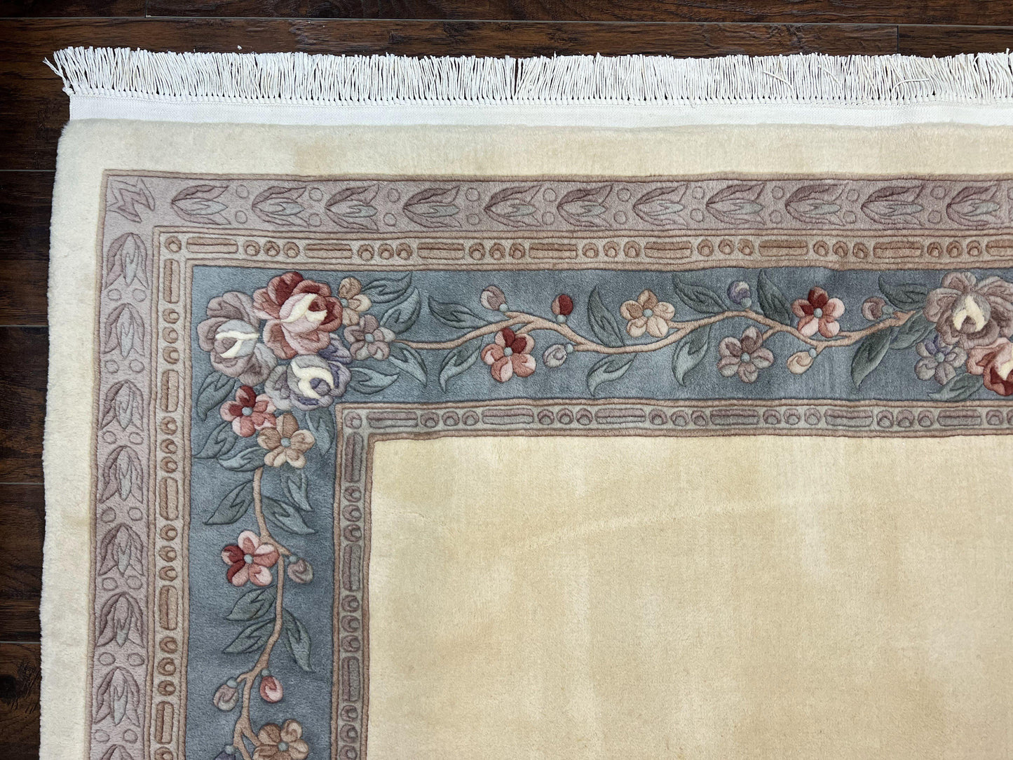 Chinese Wool Rug 8x10 Handknotted 120 Line Cream Aubusson Art Deco Oriental Rug