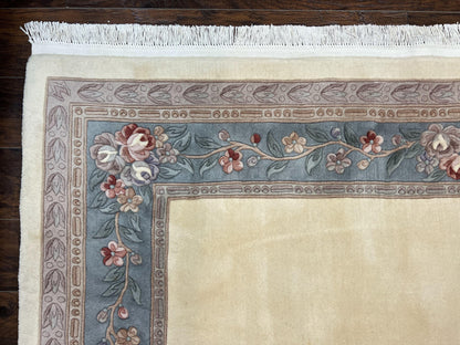 Chinese Wool Rug 8x10 Handknotted 120 Line Cream Aubusson Art Deco Oriental Rug