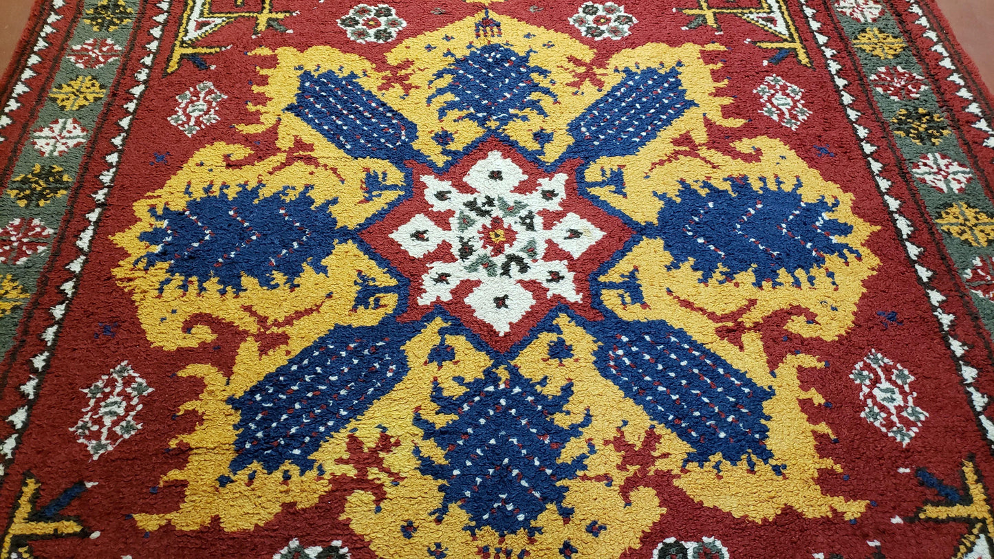 Moroccan Heriz Rug 6x9 Large Central Medallion Red Yellow Blue Colorful Wool Area Rug