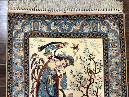 Persian Isfahan Pictorial Rug, Two Lovers, Kork Wool on Silk Foundation, Ivory and Light Blue, 500 KPSI Super Fine