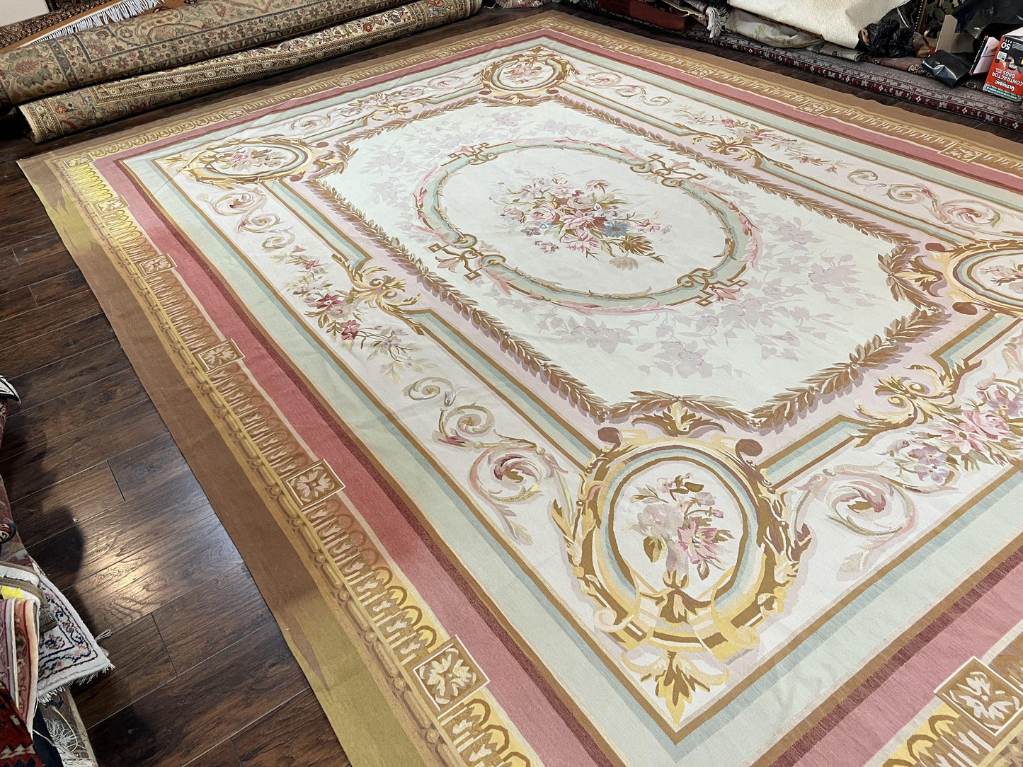 Premium Aubusson Rug 11x15 Wool Handmade Vintage European Flatweave Savonnerie Carpet