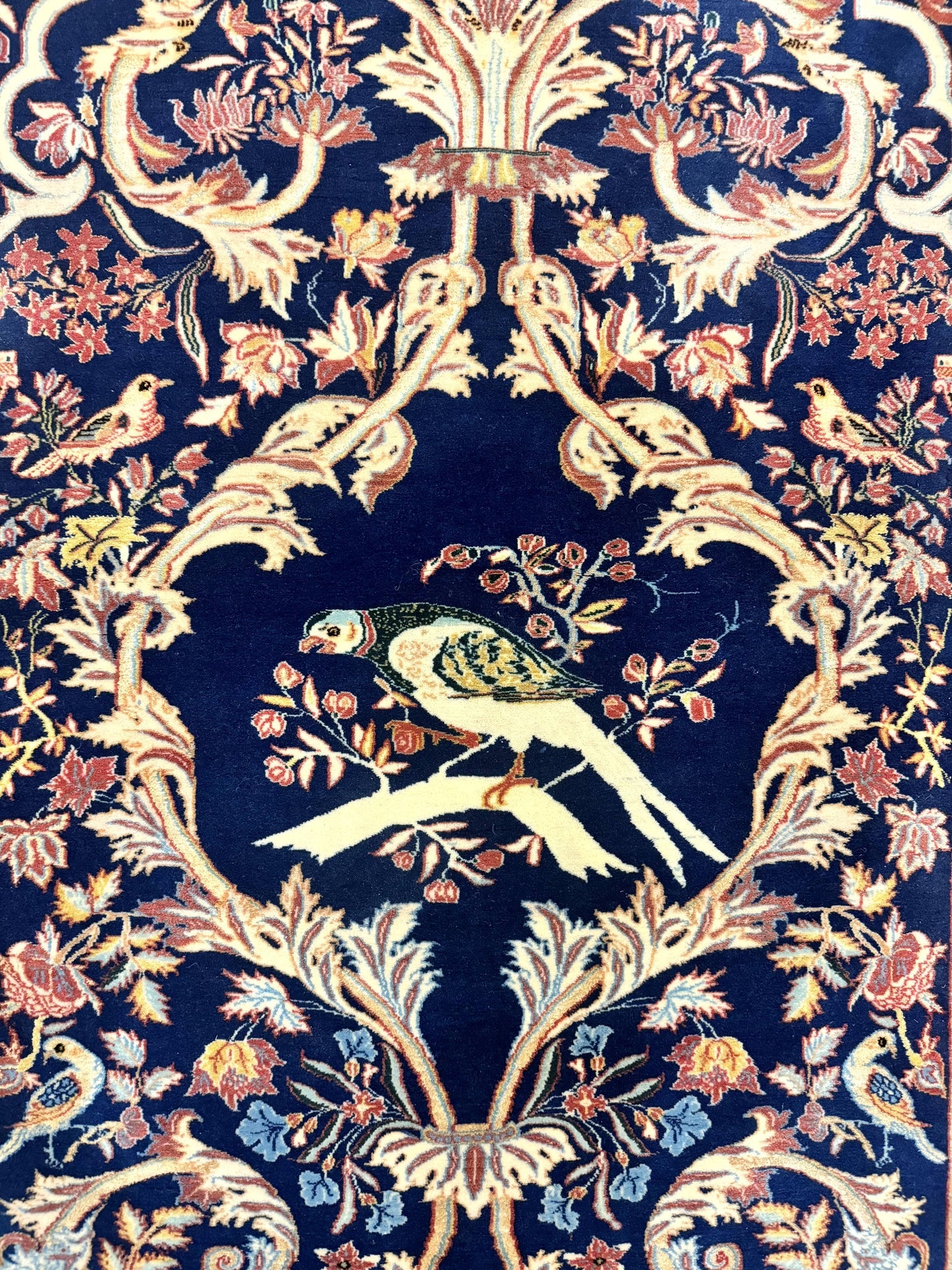 Persian Isfahan Rug 2x4, Birds, Navy Blue, Kork Wool on Silk Foundation, 460 KPSI