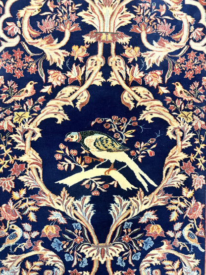 Persian Isfahan Rug 2x4, Birds, Navy Blue, Kork Wool on Silk Foundation, 460 KPSI