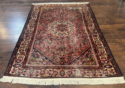 Antique Persian Malayer Rug 4 Ft 7 In By 6 Ft 6 In Hand Knotted Wool Carpet 1920s Tribal Red With Navy Accents
