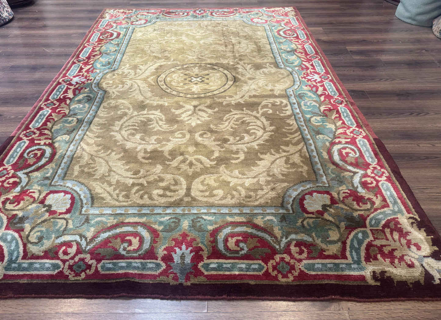 Tibetan Aubusson Rug 6x9, Gold-Beige, Soft Wool Pile, Handmade