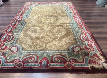 Tibetan Aubusson Rug 6x9, Gold-Beige, Soft Wool Pile, Handmade