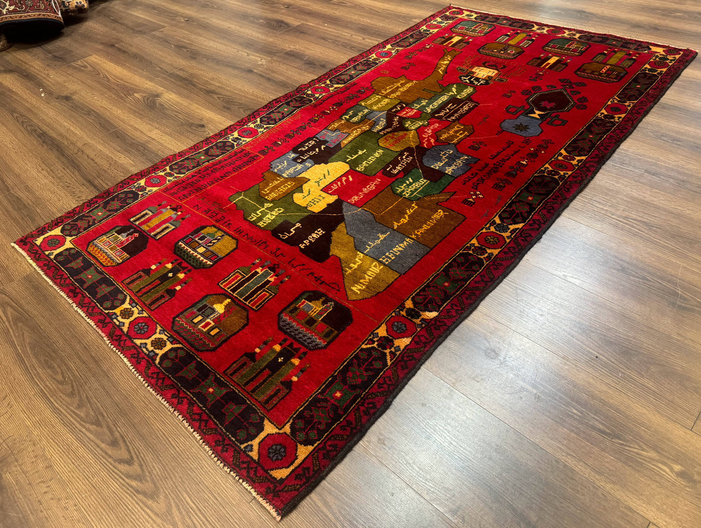 Red Afghan Balouch Rug 3x7, Tribal, Map of Afghanistan Depiction, Handmade, New
