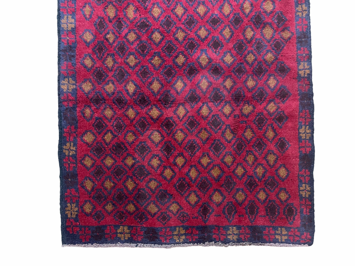 Vintage Handmade Balouch Afghan Wool Rug 3x5 Hand Knotted Red Blue Diamond
