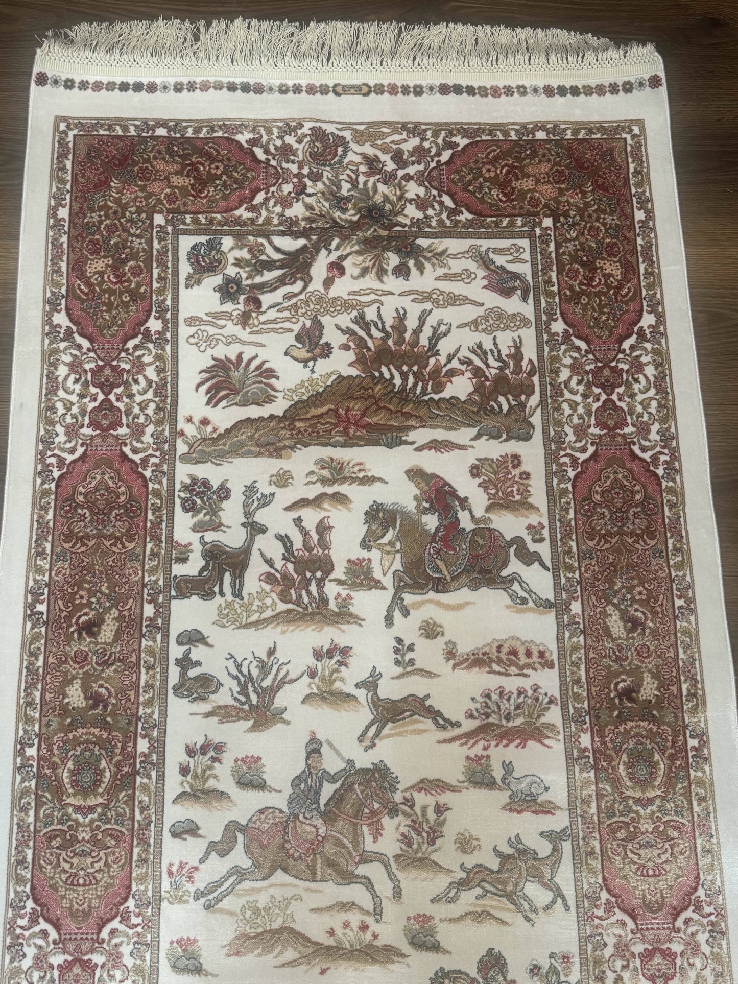 Long Turkish Silk Runner Rug 2.6 x 16.5, Hunting Design, Ivory, Bamboo Silk, New