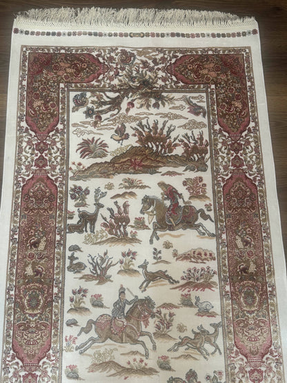 Long Turkish Silk Runner Rug 2.6 x 16.5, Hunting Design, Ivory, Bamboo Silk, New