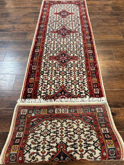 Indo Persian Bidjar Runner Rug 2.8 x 10, Vintage Rug for Hallway, 10ft Runner, Wool Handmade Ivory and Red, Medallions