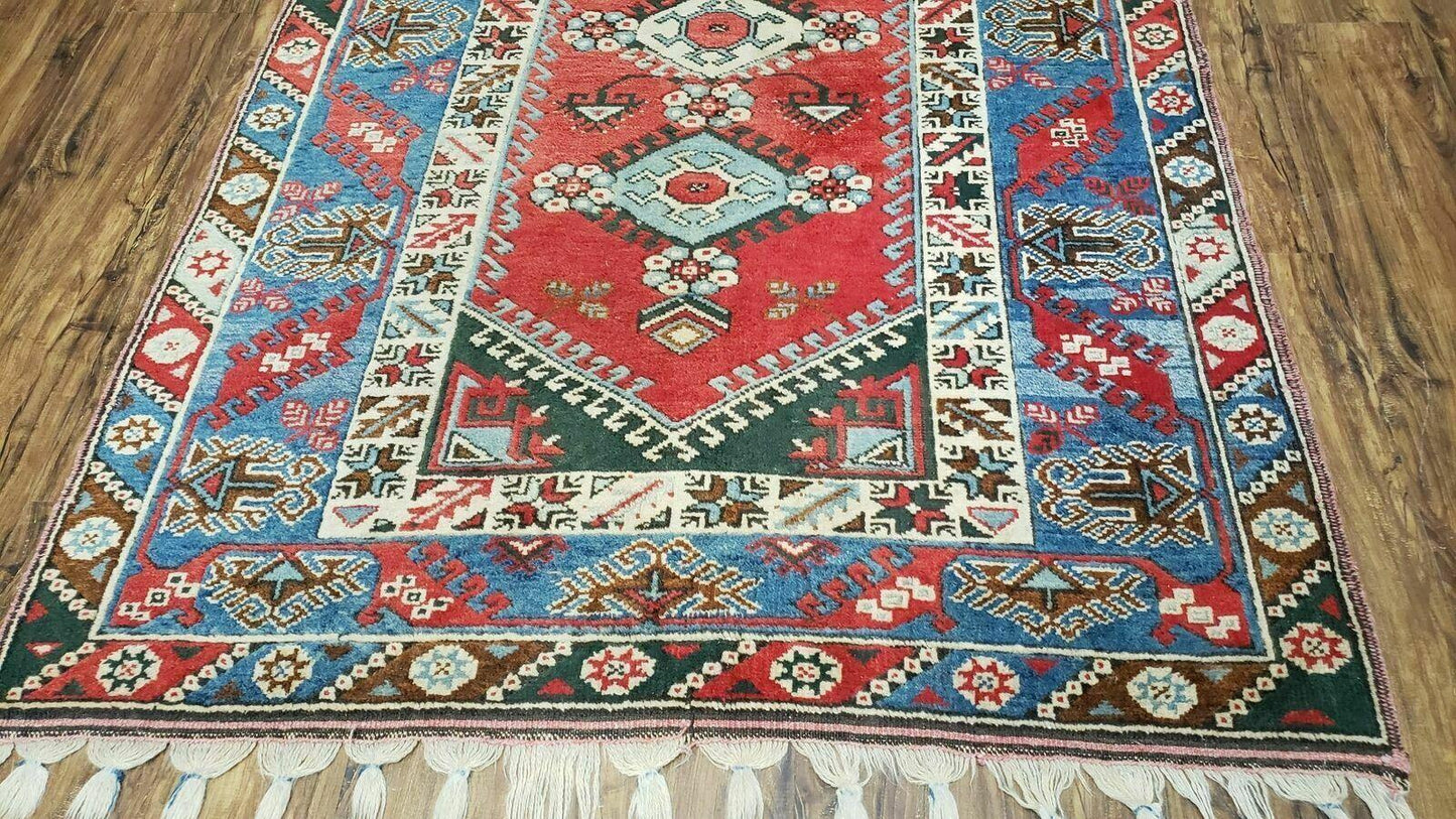 Handmade Turkish Shirvan Kazak Wool Rug 4x6 Colorful Vintage Style