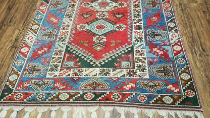 Handmade Turkish Shirvan Kazak Wool Rug 4x6 Colorful Vintage Style