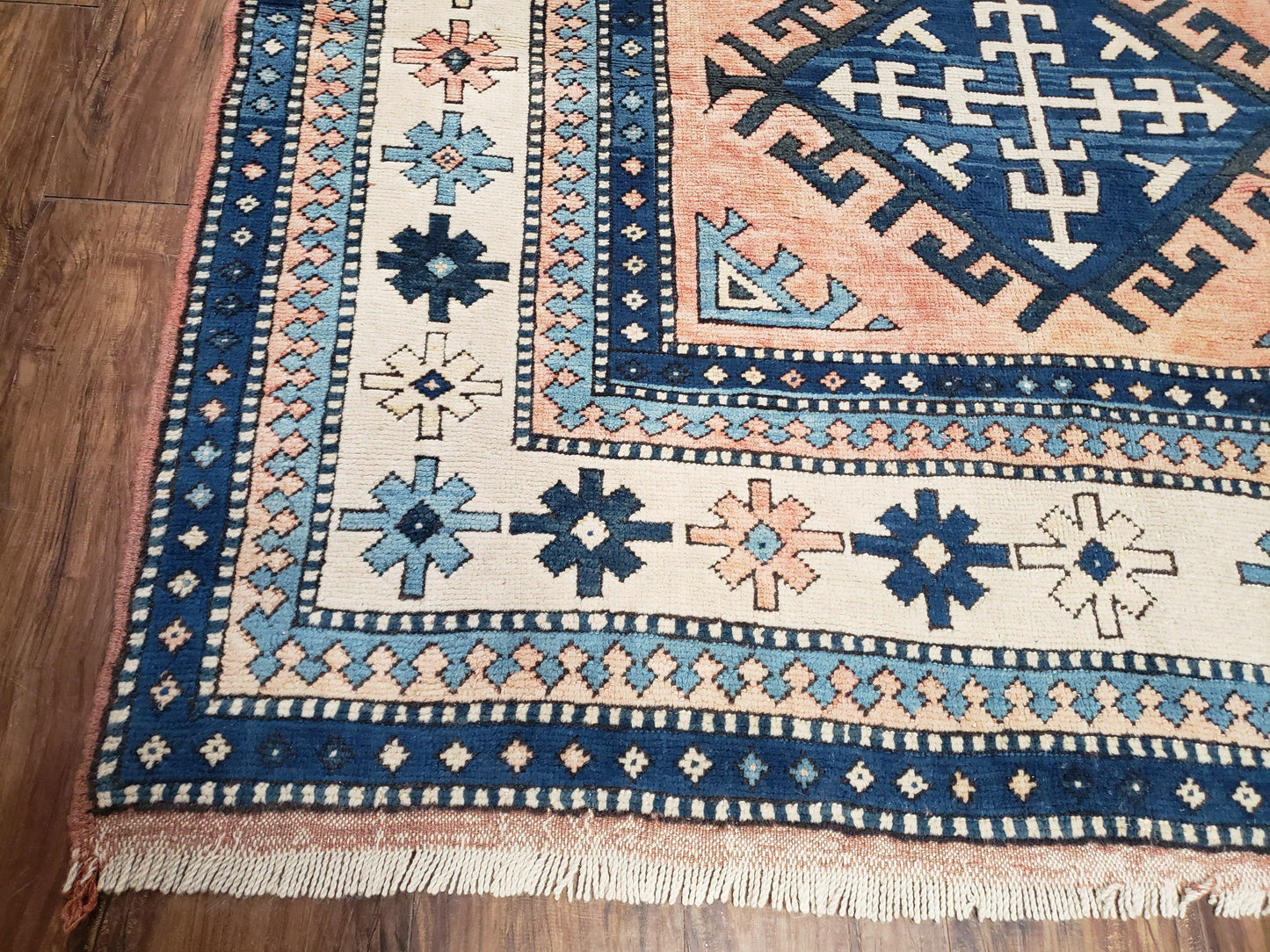 Turkish Kazak Rug 5x8 Ft Hand Knotted Wool Bohemian Carpet Blue Ivory
